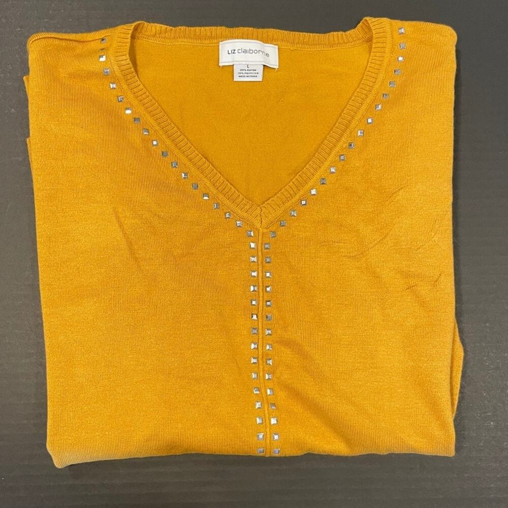 Liz Claiborne women's mustard yellow studded tunic sweater Large V-neck L/S new